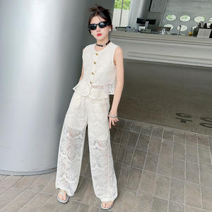 Abbigliamento estivo da ragazza Set di bottoni senza maniche in pizzo cavo Beige moda estiva Set in due pezzi per ragazze dai 7 ai 15 anni - Product Image 3