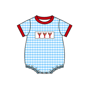 SR3257 RTS Infant baby Blue plaid red <b>crab</b> print kids wholesale romper long sleeve jumpsuit child set - Product Image 6