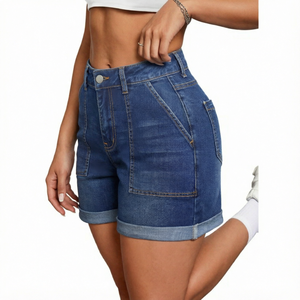 Shorts en jean bleu taille haute pour femme, style cargo avec poches et ourlet retroussé, décontracté, tendance - Product Image 1