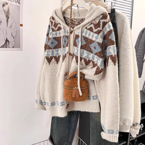 Fair Isle Hooded <b>Cardigan</b> Sweater Women Autumn Winter <b>Thick</b> Loose Knitted Top Vintage Style Anti Pilling Full Sleeve - Product Image 1