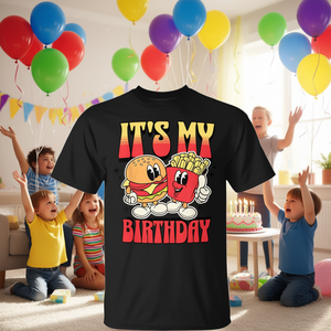 Camiseta con temática de cumpleaños de hamburguesas con diseño de hamburguesa y papas fritas de dibujos animados para fiestas - Product Image 3