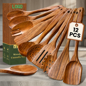 Qualcosa Stock Wholesale Ensemble d'ustensiles de cuisine en bois de teck 12 pièces, résistant à la chaleur, antiadhésif, compatible four/micro-ondes/lave-vaisselle - Product Image 3