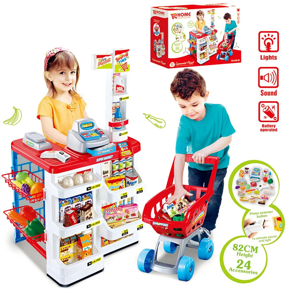 Mini supermercado de lujo para niños, juego de simulación con función de escaneo de banda, juguetes de cocina/juego de etend/
