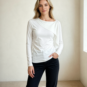 <b>Women's</b> Asymmetric Knitted <b>Long</b> <b>Sleeve</b> <b>White</b> <b>Blouse</b> Minimalist O-Neck Regular Fit Solid Color Top for Everyday Wear - Product Image 2