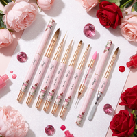 Stylo à points en nylon Penoval avec manche rose à motif pivoine et spatule, outil de pointillage, pinceau gel, ensemble de pinceaux à ongles à virole sertie