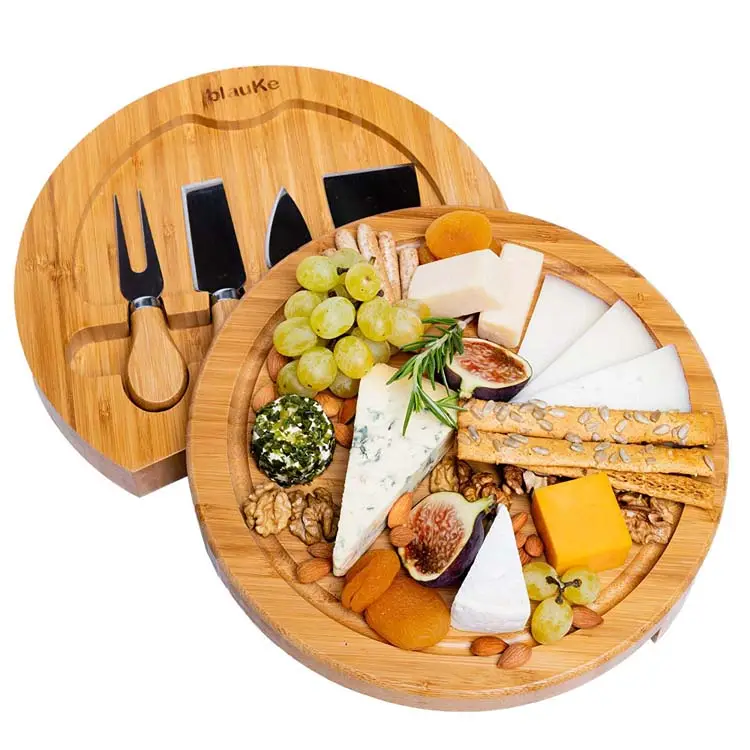 Tabla de corte de madera para queso, juego de tabla redonda de bambú, tabla de corte de madera con rebanador de queso