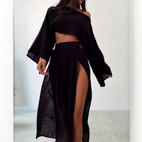 Ensemble deux pièces décontracté pour femme : haut court en tissu mélangé et pantalon taille haute fendu