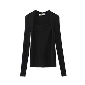 N8158 Top de Punto para Mujer, Cuello Cuadrado, Color Sólido, Otoño Invierno, Capa Base, Marrón, Talla Grande, Manga Larga - Product Image 4