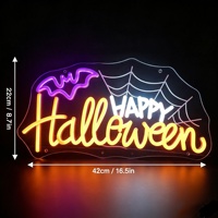 Insegna al Neon 'Happy Halloween', Decorazione Luminosa con Ragnatela e Pipistrello, Alimentazione USB, Decorazione al Neon per Sala Giochi e Camera dei Bambini