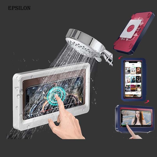 Epsilon Rotatable 2021 New Blue White 360 Degree Rotation Splash Proof Shower Phone Case Wall Mount Anti Fog Shower Phone Holder