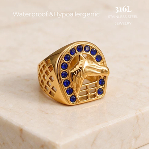 Nhẫn dấu ấn hình đầu ngựa kiểu miền Tây dành cho nam, mạ vàng 18K, thép không gỉ, hình đại bàng, pha lê, phong cách cổ điển, trang sức cá tính dành cho người đi xe mô tô - Product Image 4
