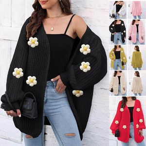 Promociones Calientes Otoño Cárdigan Holgado de Mujer Coreano de Poliéster con Diseño de Ciervo de Peluche, <span class=keywords><strong>Tejido</strong></span>, Manga Regular, Cuello en V y Flores de Ganchillo - Product Image 2