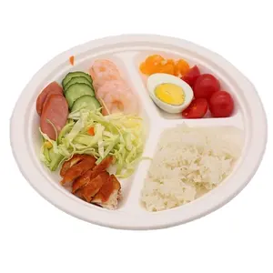 Eco Friendly Disposable Paper Dish 9 Inch Greaseproof Waterproof Biodegradable Sugarcane 3 Compartment White Plate