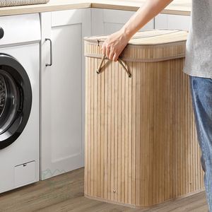 Large Capacity Eco-Friendly Bamboo <b>Laundry</b> <b>Basket</b> with Lid and Handles for Modern Bathroom Clothing Organizer - Product Image 6