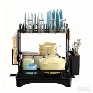 Escurridor de platos cuadrado negro de 2 niveles, contenedores de almacenamiento de despensa de cocina, estante de secado, estante grande para platos con escurridor - Product Image 4