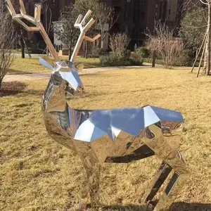 현대 디자인 야외 실물 크기 거울 연마 스테인레스 스틸 사자 표범 사슴 코끼리 동상