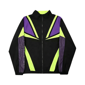 Veste coupe-vent zippée néon colorblock personnalisée OEM avec empiècements en maille géométriques, style streetwear unisexe, veste de sport, vente en gros B2B OEM - Product Image 1