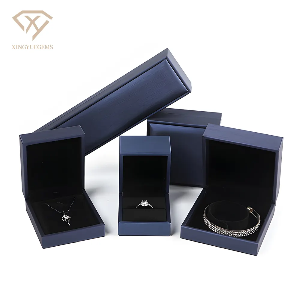 Kustom grosir elegan aksesori biru Pu kulit anting kalung gelang cincin kemasan penyimpanan kotak hadiah perhiasan