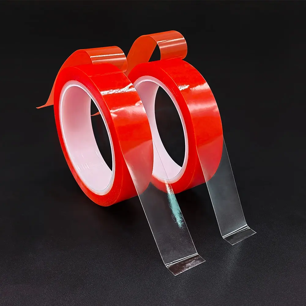 Heat resistant red polyester film double sided clear pet adhesive fixing tape with red liner