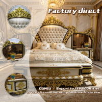 Ensemble de lit complet de style baroque élégant, plaqué or, vert, lit en bois sculpté royal turc, table de chevet, rembourrage italien, chambre à coucher