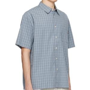 Tendency Spread Collar Oversize Short Sleeve Shirts 100% Cotton Poplin Blue & Khaki Plaid Shirt for Men's - Product Image 5