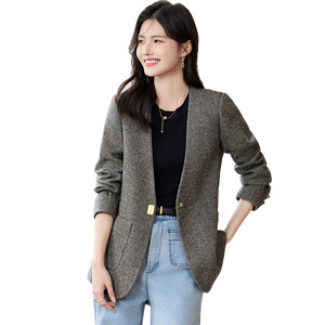 Women's Wool Blazer <b>Coffee</b> Color Herringbone Pattern Loose Fit Autumn Winter Casual Jacket With <b>Pocket</b> No-Wrinkle Treatment - Product Image 5