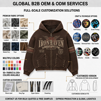 Sudadera con capucha personalizada con cremallera, de algodón tipo forro polar con lavado vintage, con broches, hombros caídos, unisex, para hombre, estilo streetwear, con efecto desgastado