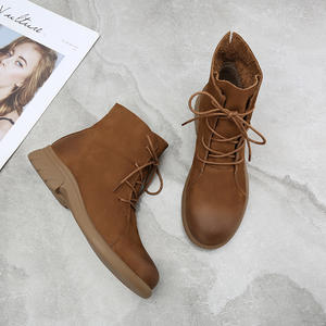 Botines de Mujer de Cuero Marrón con Diseño Retro, Suela Suave, Planos, con Cordones, para Otoño, Forrados de Felpa, para Primavera, Invierno - Product Image 4