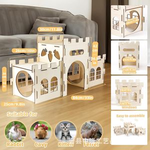 Wooden Rabbit Castle Hiding <b>House</b> Medium Size Chewproof Pet <b>Bed</b> For Rabbits And Hamsters Natural Wood Color Rectangle Shape - Product Image 3