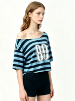 T-shirt court rayé à épaules dénudées pour femme - T-shirt décontracté ample à manches courtes imprimé 89