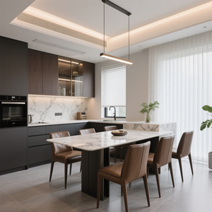 Aparatos eléctricos integrados y gabinetes de vidrio con tiras de luz emparejadas con encimeras de mármol Aparador gris - Product Image 3