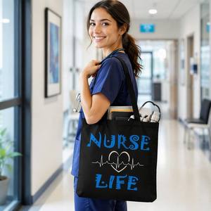 Black Cotton <b>Tote</b> <b>Bag</b> <b>Nurse</b> Life Letter Print Shoulder <b>Bag</b> Reusable Shopping Grocery <b>Bag</b> - Product Image 3