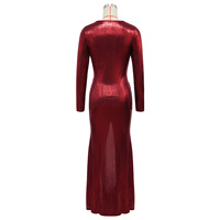 Robe de soirée longue métallisée brillante à manches longues pour femme, col en V profond, fente latérale froncée, moulante, pour occasions formelles