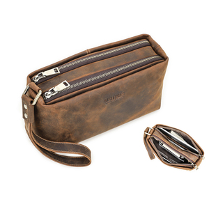 Contact's Vintage Crazy Horse Leather <strong>Clutch</strong> Purse Handbag for Men <strong>With</strong> Detachable <strong>Wrist</strong> <strong>Strap</strong> Double-Zipper Mens <strong>Wrist</strong> <strong>Bag</strong> - Product Image 1