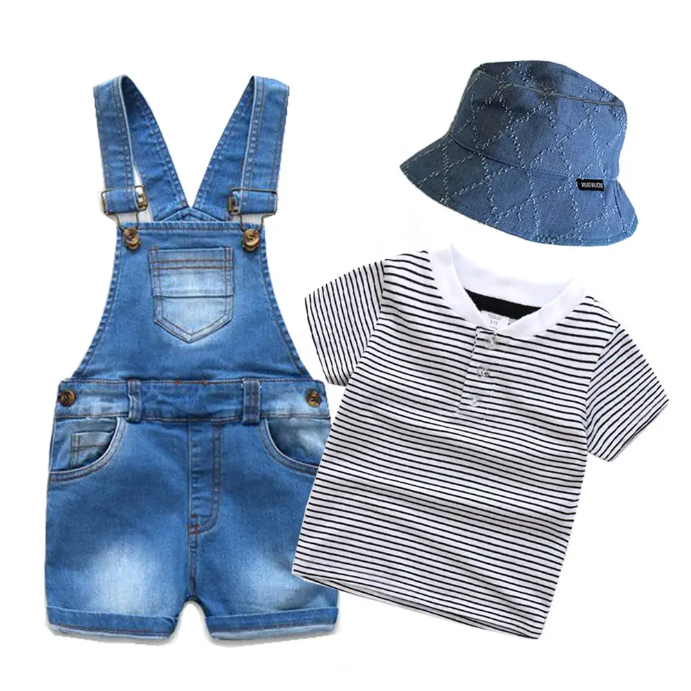 1 to 4 Years Summer Denim Suit with Hat Cotton Striped Children Clothes 3 Pieces/Set Short Sleeve Boys Kids Clothing