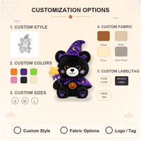 Peluche d'Halloween personnalisée en forme d'ours, jouet en peluche doux, poupée magique avec chapeau de sorcière, badge citrouille, baguette magique, décorations, faible MOQ, support OEM ODM