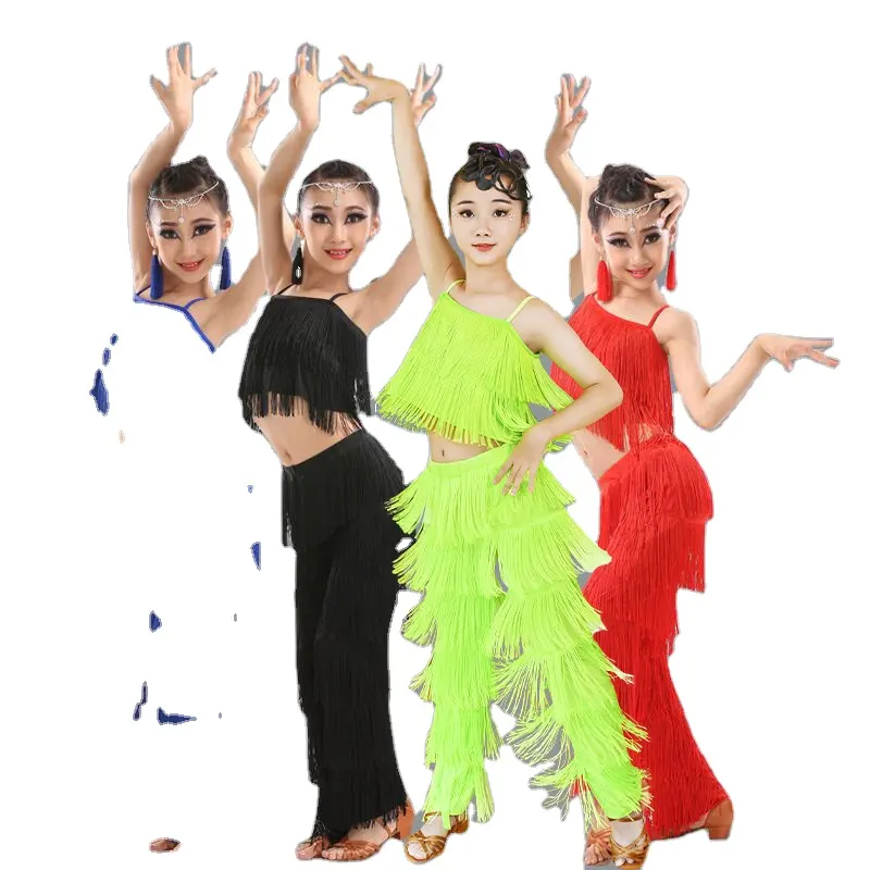 Samba püskül Latin pantolon kızlar Salsa balo salonu saçak Trim dans üstleri ve pantolon Latin dans yarışması elbiseler