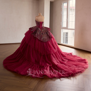 Vestido de Quinceañera Rojo Rsm261051 para Mujer, Estilo Princesa con Escote Corazón, Sin Mangas, Espalda con Cordones y Lentejuelas, Jancember - Product Image 4
