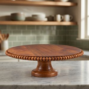 Support à gâteau rond en bois fait main, plateau de service perlé pour desserts, idéal pour mariages, fêtes et décoration intérieure - Product Image 3