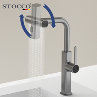 Robinet de cuisine extractible STOCCO gris anthracite moderne, 3 modes cascade et pluie, mitigeur d'évier en laiton massif