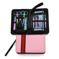 Ensemble de manucure et pédicure en acier inoxydable arc-en-ciel, 16 pièces, étui en cuir portable, kit de coupe-ongles, outils de soin des ongles pour la maison, les voyages, cadeau