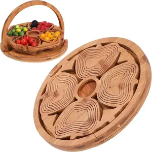 Chainlink Custom Collapsible Folding Creative 5 Compartment Snack Heart Shaped Bamboo Fruit Basket With Handle