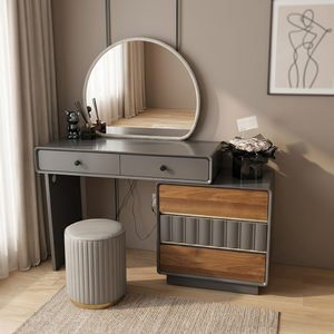 Modern Makeup <b>Vanity</b> <b>Table</b> with Lighted <b>Mirror</b> Gray Metal and Wood Storage Desk for Bedroom Furniture - Product Image 3