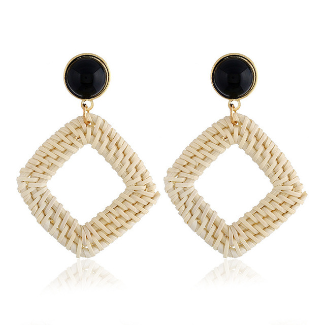 Trendy Bohemian Huggie Hoop Earrings Handmade Wooden Bamboo and Rattan Woven Fashionable Jewelry