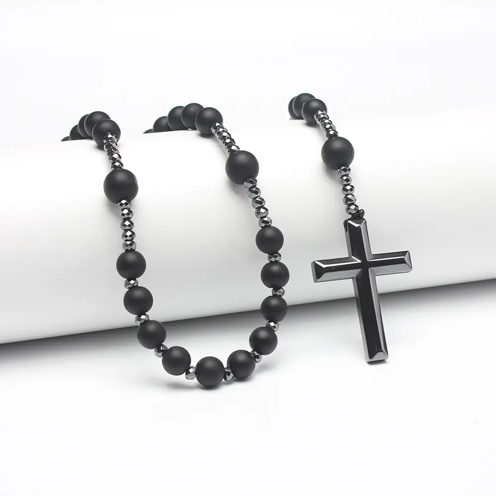 Kalung manik-manik hematit batu akik hitam 8mm, Kalung liontin salib kalung rosario Katolik Matte Onyx