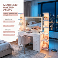 Ensemble coiffeuse moderne en MDF avec 9 tiroirs, grand rangement, éclairage LED, rose, pour chambre de princesse, salle de bain, salon, hôtel