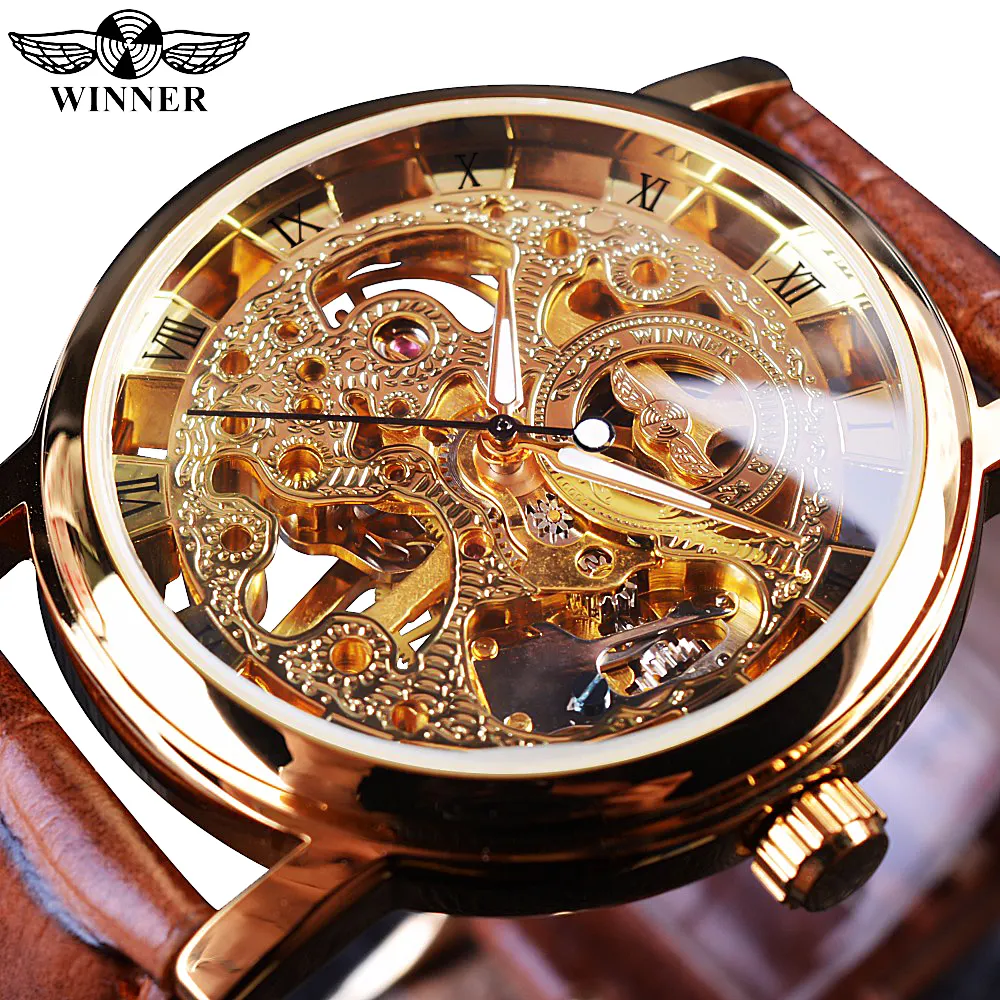 우승자 손목 시계 남자 시계 럭셔리 투명 황금 케이스 캐주얼 디자인 갈색 가죽 망 시계 기계식 해골 시계