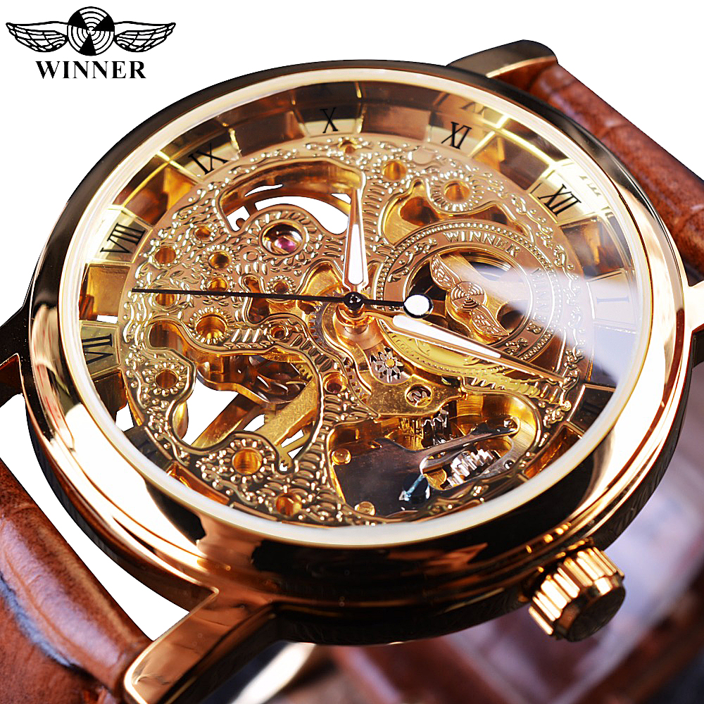 Winner Wristwatches Men Watch Luxury Transparent Golden Case Casual Design Brown Leather Mens Watches Mechanical Skeleton Watch