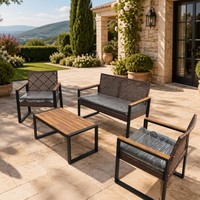 Ensemble de 4 meubles de jardin en rotin brun avec coussins gris
