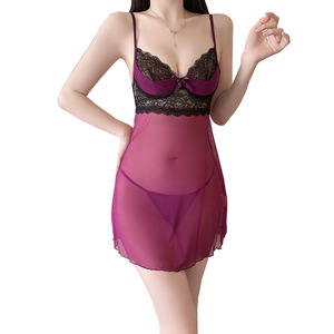 Gorgeous Light Luxury Deep V Hollow Backless See-Through Mesh Lace Underwire Nightdress Set XK5623 Lencería erótica sexy para mujer - Product Image 2